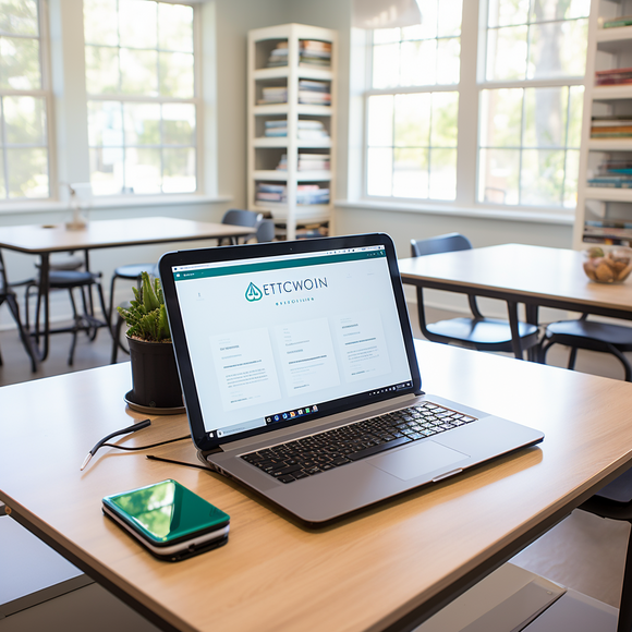 Laptop auf einem Tisch in einem hellen Seminarraum zeigt Webseite für Hybrid-Weiterbildungen, Schnittstelle für kombiniertes Online- und Präsenzlernen