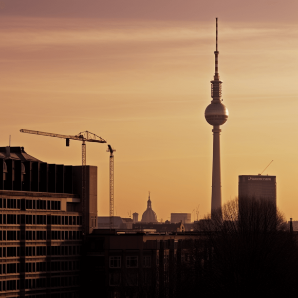 Sonnenuntergangsblick auf den Berliner Fernsehturm, nahe gelegen zu Unterkünften für Besucher des MFZ Berlin.
