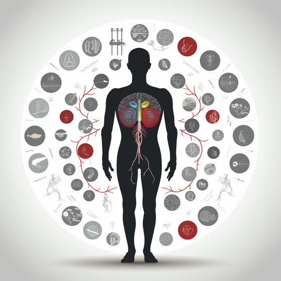 Übersichtsgrafik zu medizinischen Fachgebieten mit Darstellung der menschlichen Anatomie und assoziierten Therapiefeldern.