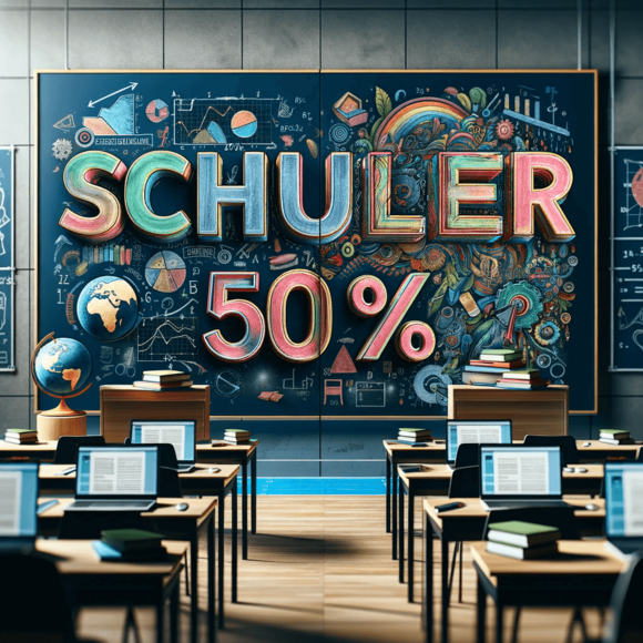 Kreativ gestaltetes Klassenzimmer mit einer farbenfrohen Tafel, die 'Schüler 50%' anzeigt, um Schülerrabatte auf medizinische Online-Kurse zu bewerben.