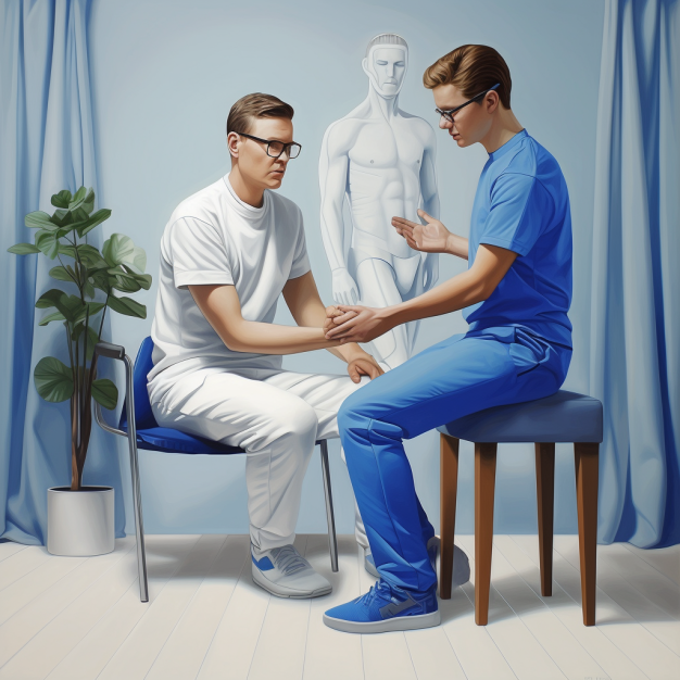 Zwei medizinische Fachkräfte in blauer und weißer Kleidung demonstrieren Manuelle Therapie am Handgelenk in einer klinischen Umgebung mit einer anatomischen Abbildung im Hintergrund